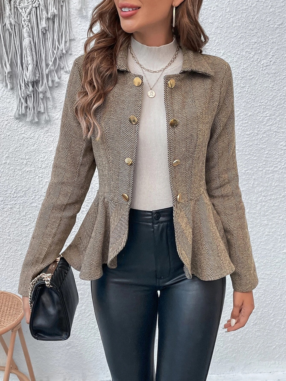 Khaki collared peplum blazer with ruffle hem and gold button front