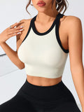Cream contrast-trim round neck active tank, sleeveless ribbed knit with black binding