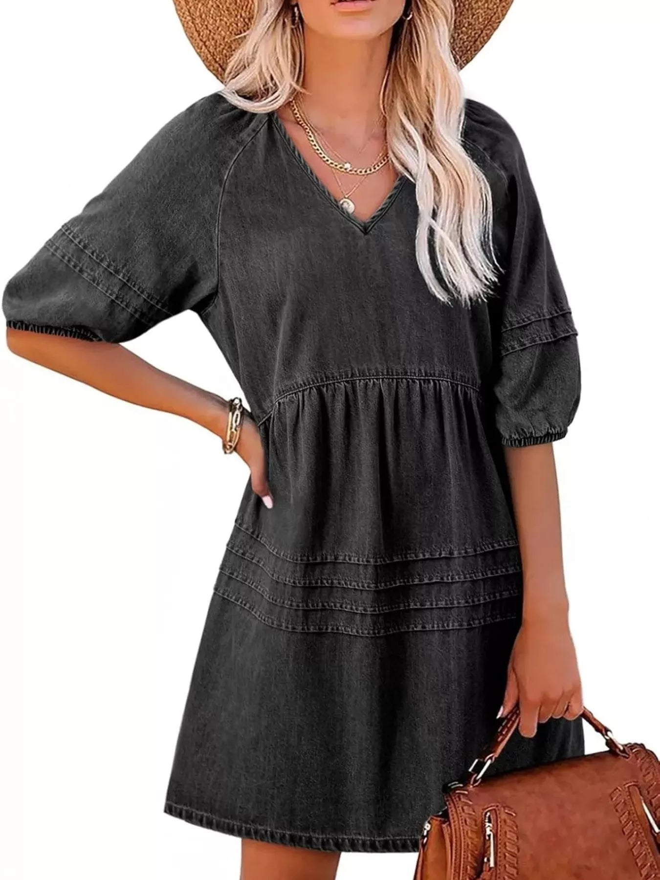 Cedar & Moore Casual V-Neck Puff Sleeve Denim Mini Dress in dark wash by Trendsi