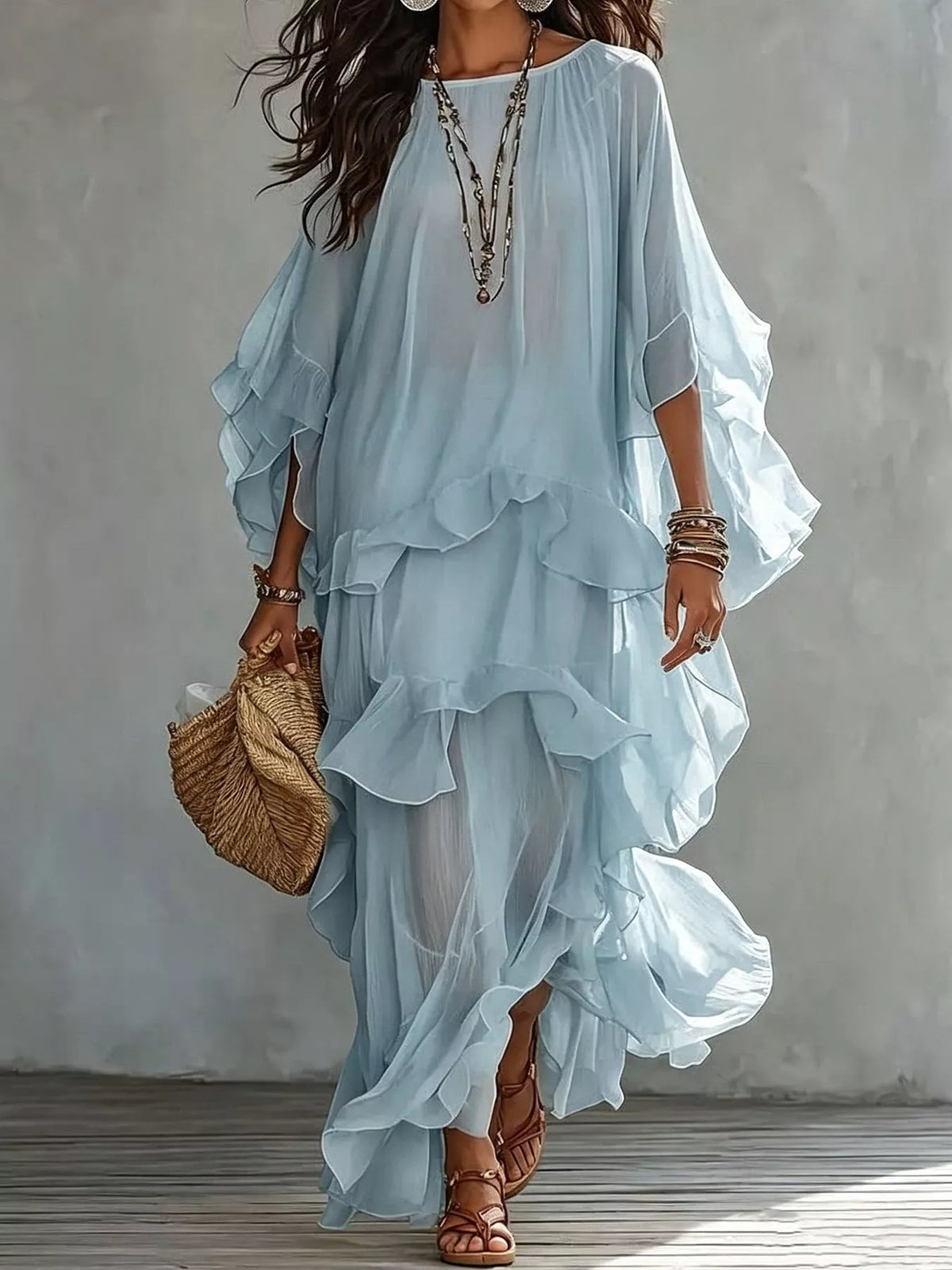 Sky blue ruffled layered bohemian maxi dress with flutter sleeves