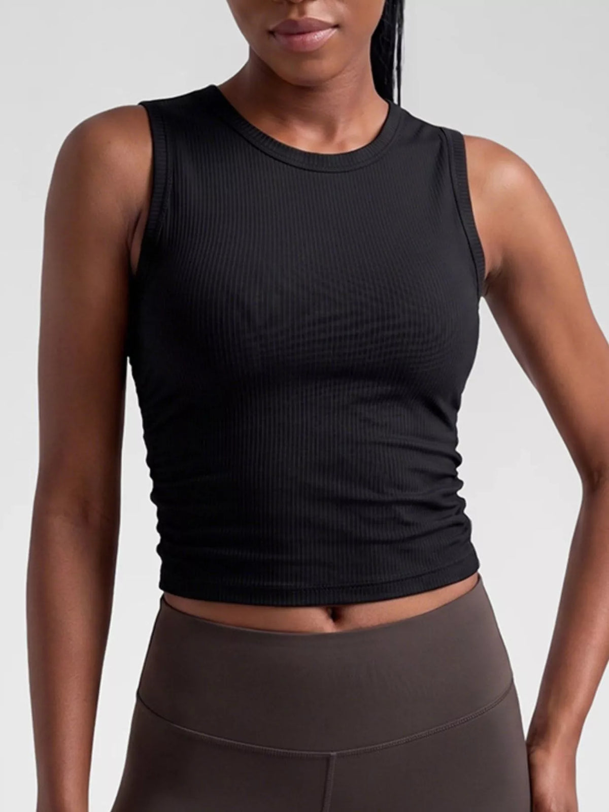 Women’s black ribbed ruched active fitness tank top, sleeveless crew neck
