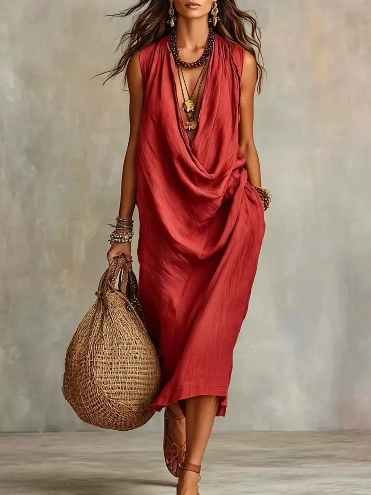 Red cowl-neck sleeveless midi dress with draped, gathered front