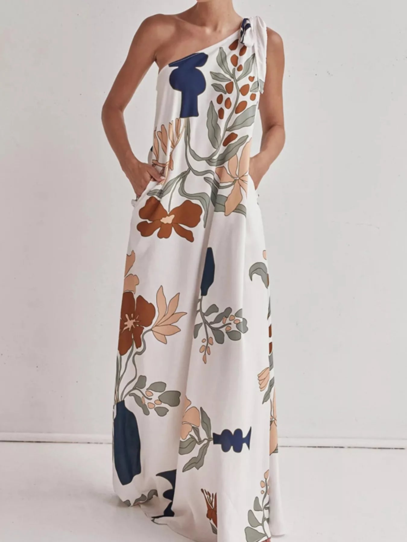 Cedar & Moore Bohemian Floral Print One-Shoulder Maxi Dress by Trendsi in white with orange and sage green leaves