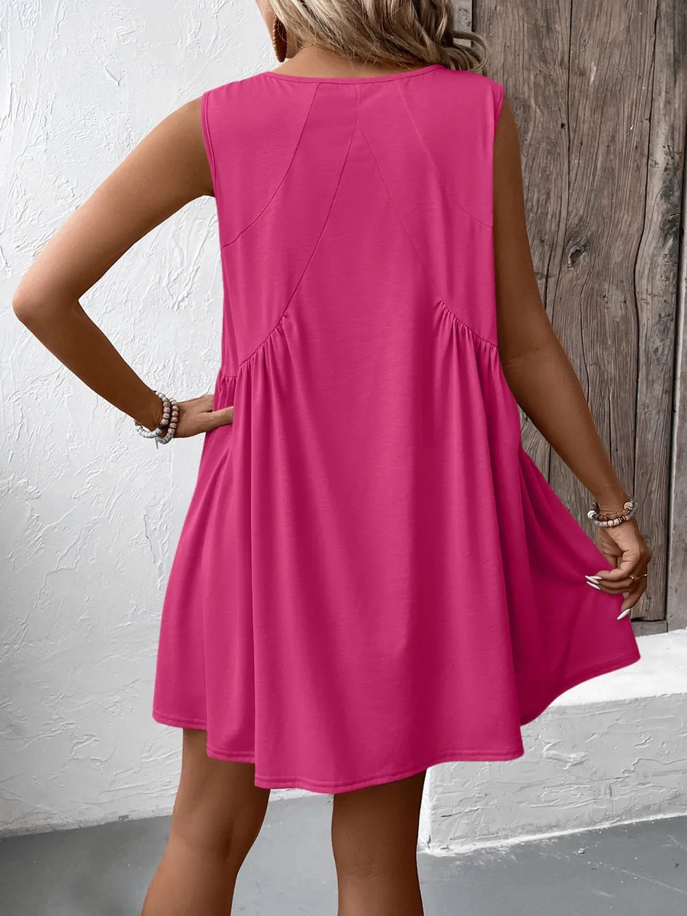 Ivy Lane Ruched V-Neck Sleeveless Mini Dress, pink, back view with ruched side seams