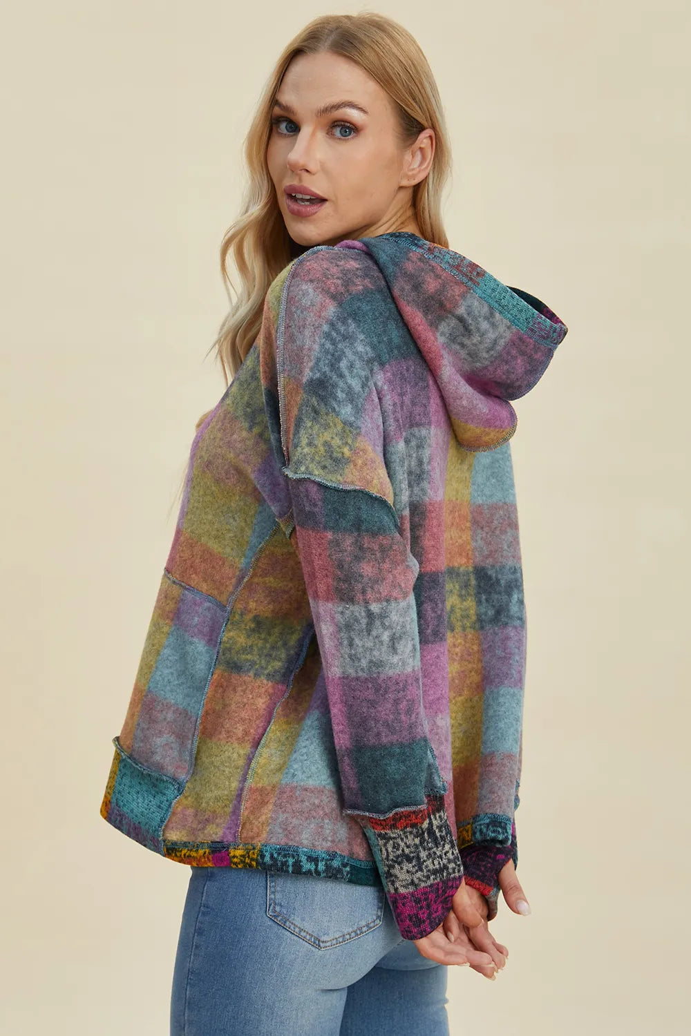Plaid fleece hoodie with dropped shoulders, hood from side view, purple multicolor plaid.
