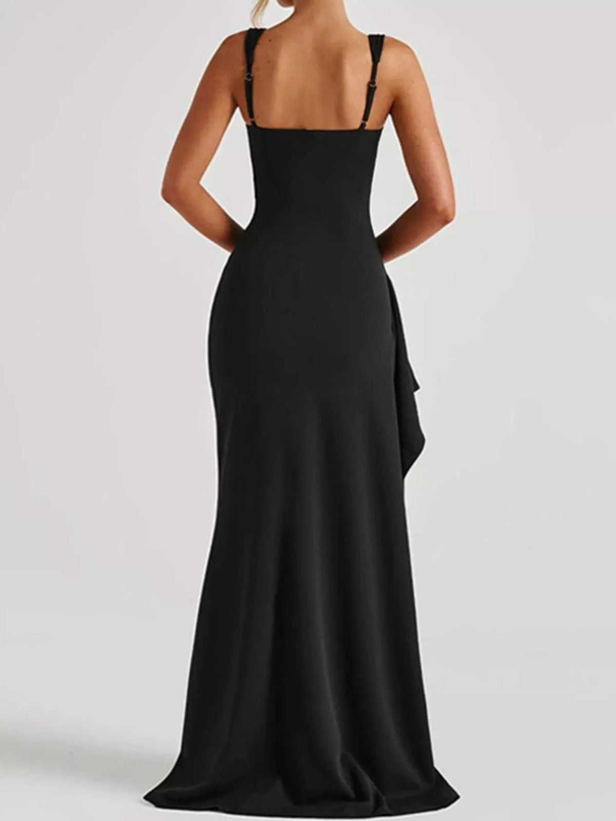 Black square-neck ruched maxi dress with spaghetti straps, back view