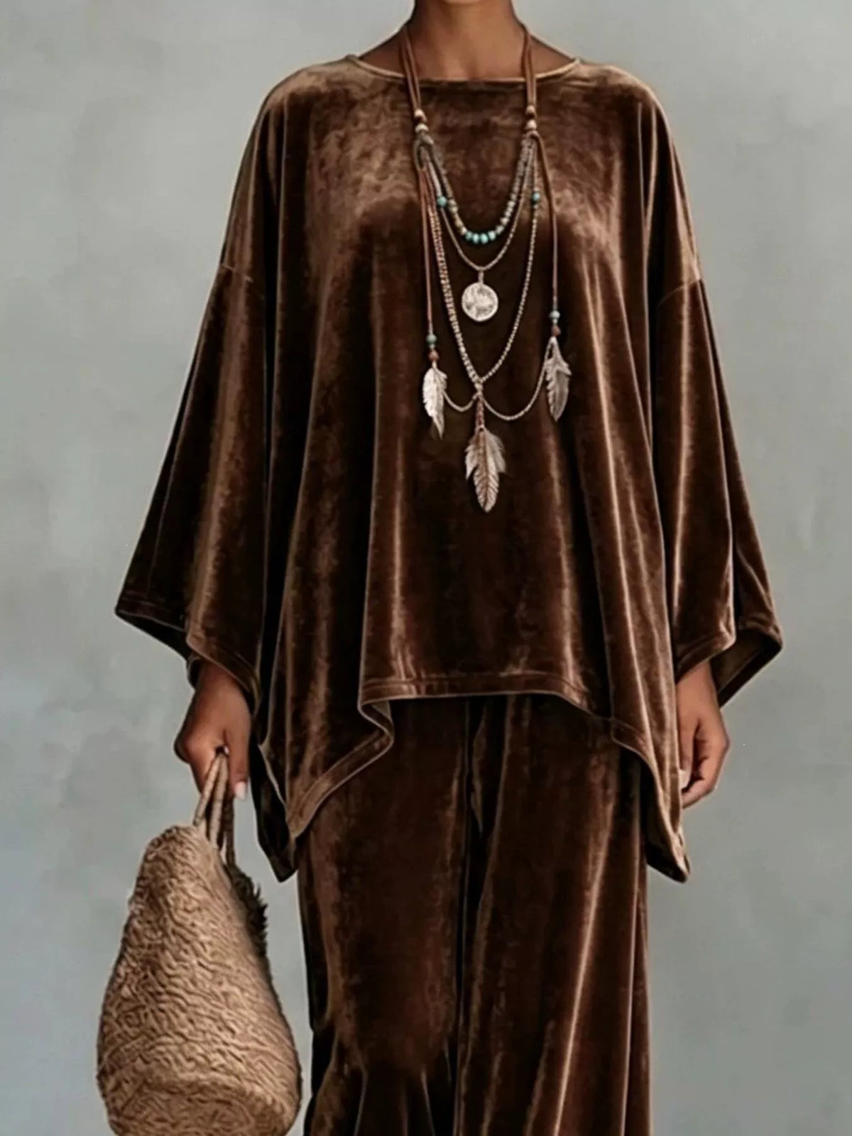 Brown velvet wide-leg pants set with loose asymmetrical poncho-style top