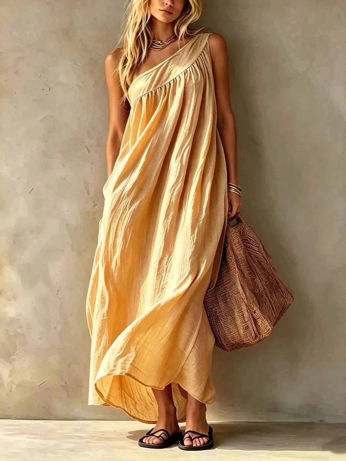One-shoulder maxi dress in pastel yellow with ruched neckline and flowing pleats
