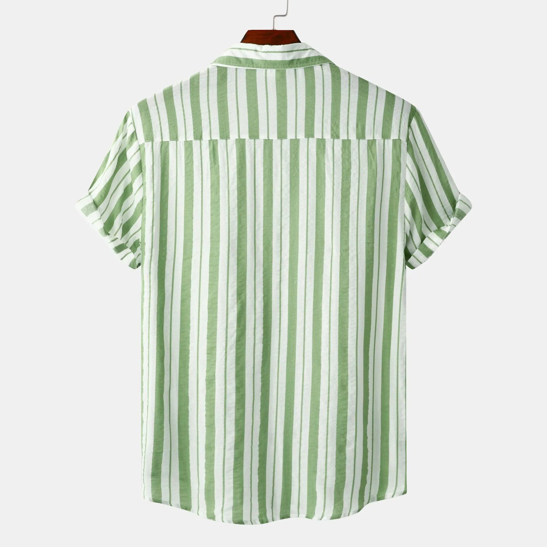 Men's striped short-sleeve shirt in green vertical stripes, back view