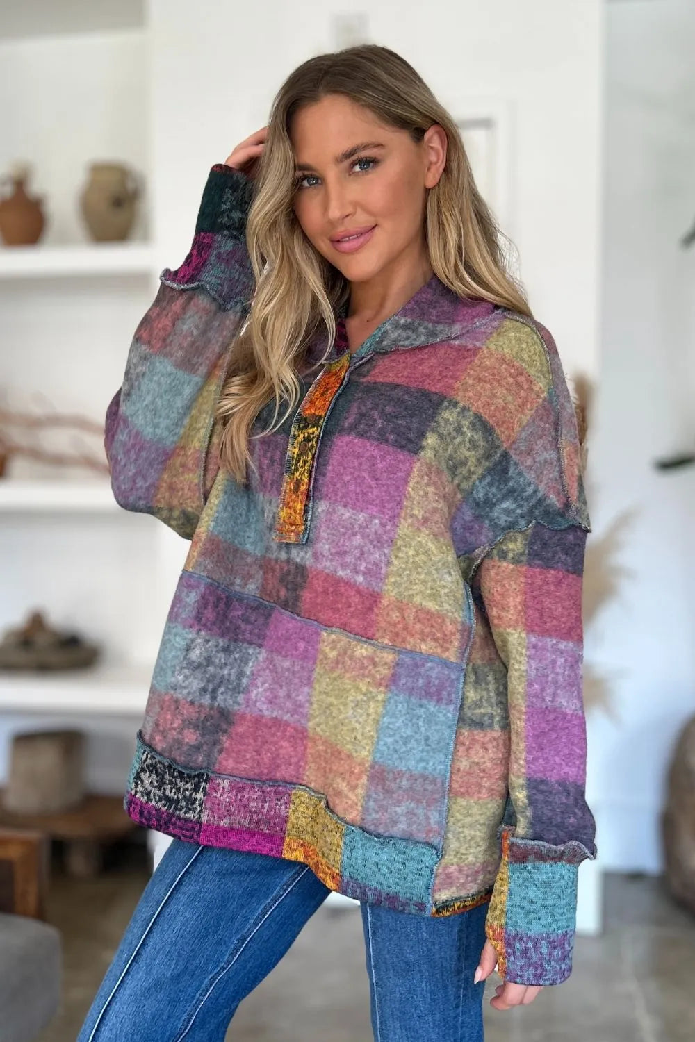 Plaid fleece hoodie with dropped shoulders, hood and quarter-zip placket, purple multicolor blocks.
