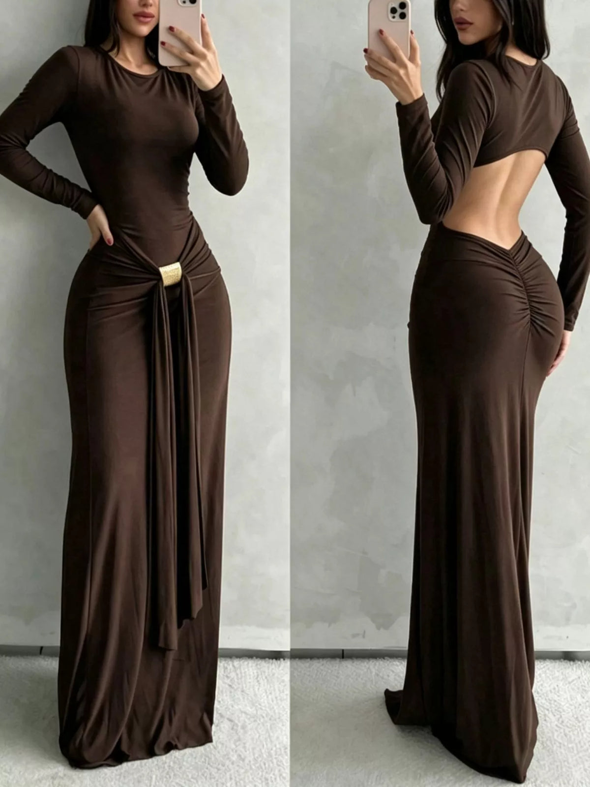 Dark brown backless bodycon maxi dress with long sleeves, ruched waist, gold buckle detail
