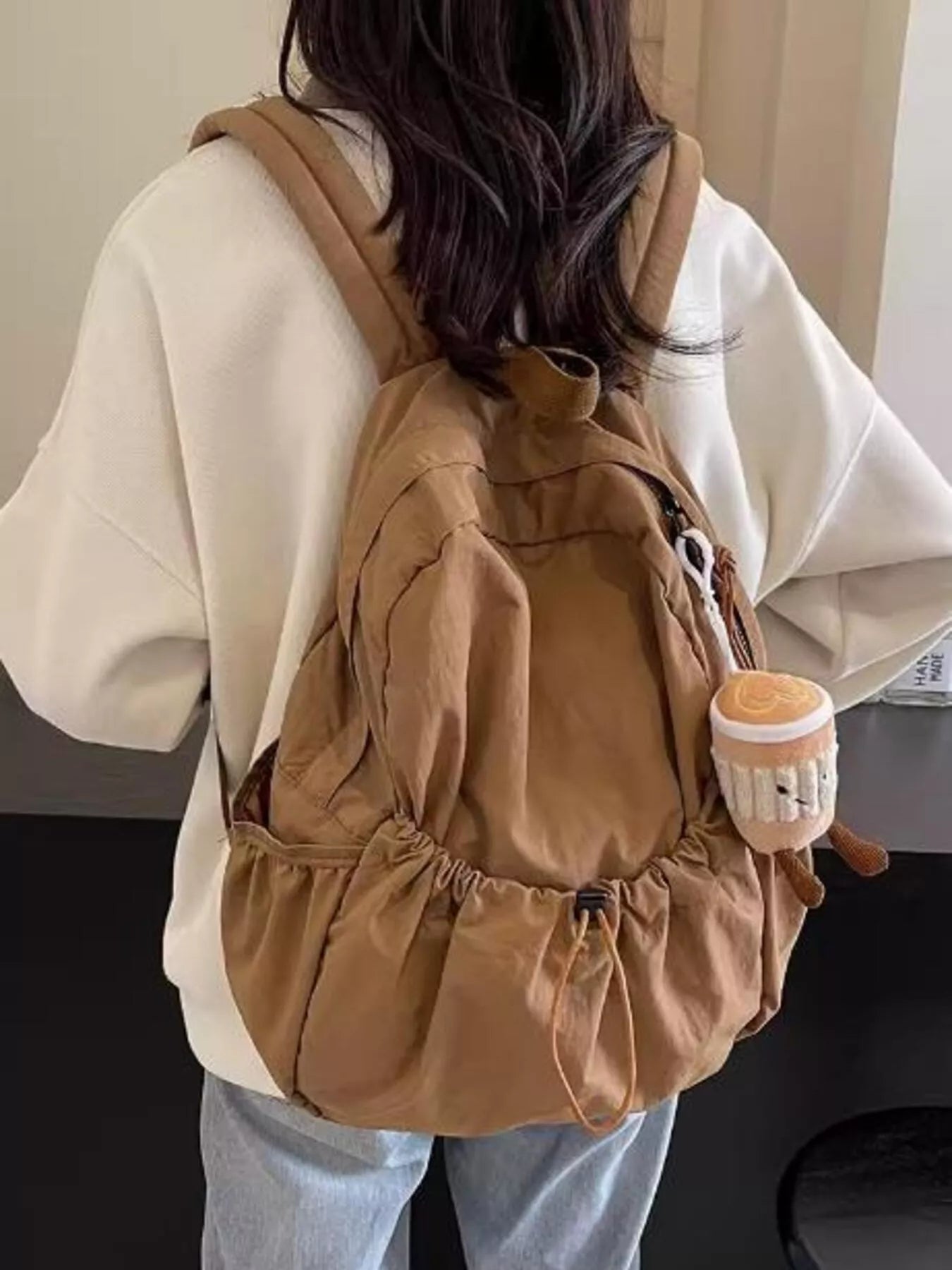 Cedar & Moore Casual Lightweight Drawstring Backpack, large nylon bag in camel brown