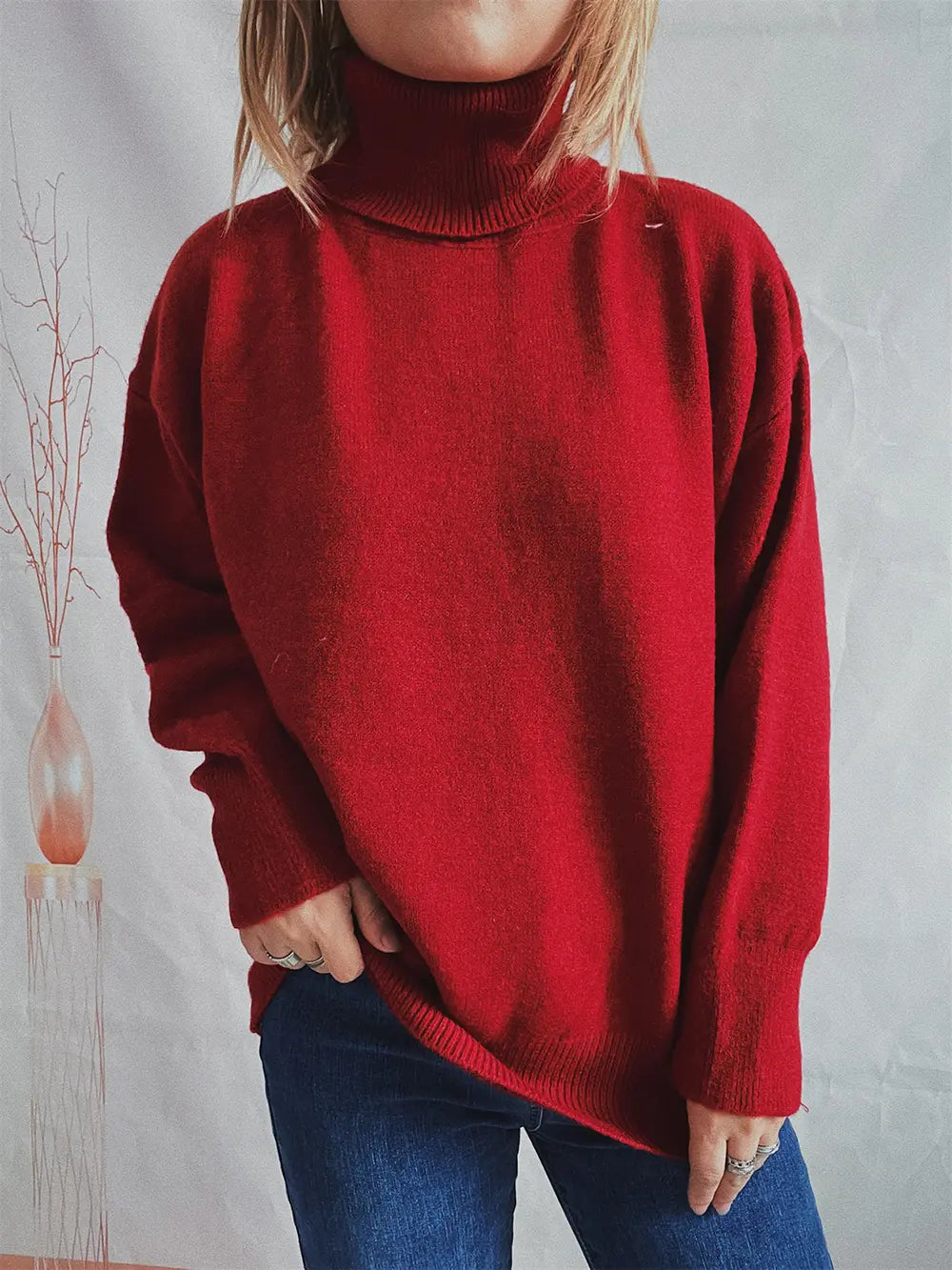 Red turtleneck long sleeve sweater with ribbed collar and cuffs