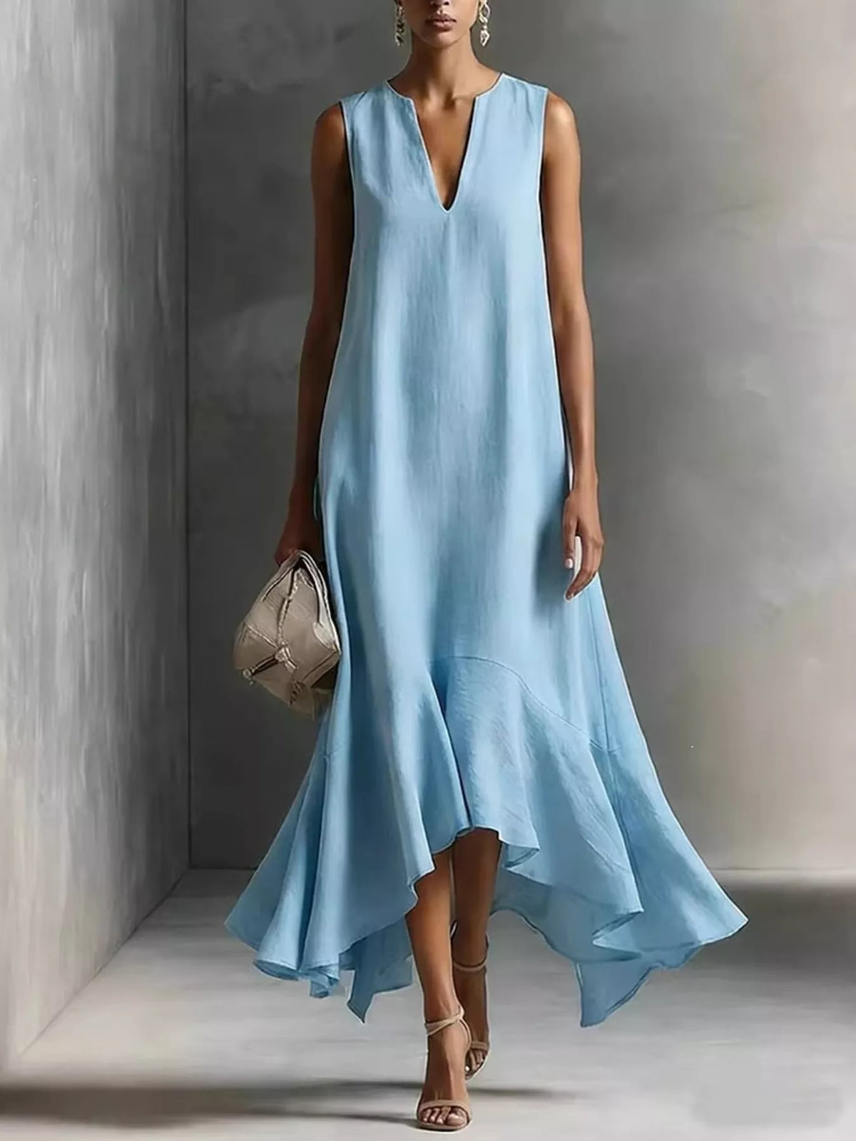 Sky blue sleeveless summer dress with V-neckline and ruffled high-low hem