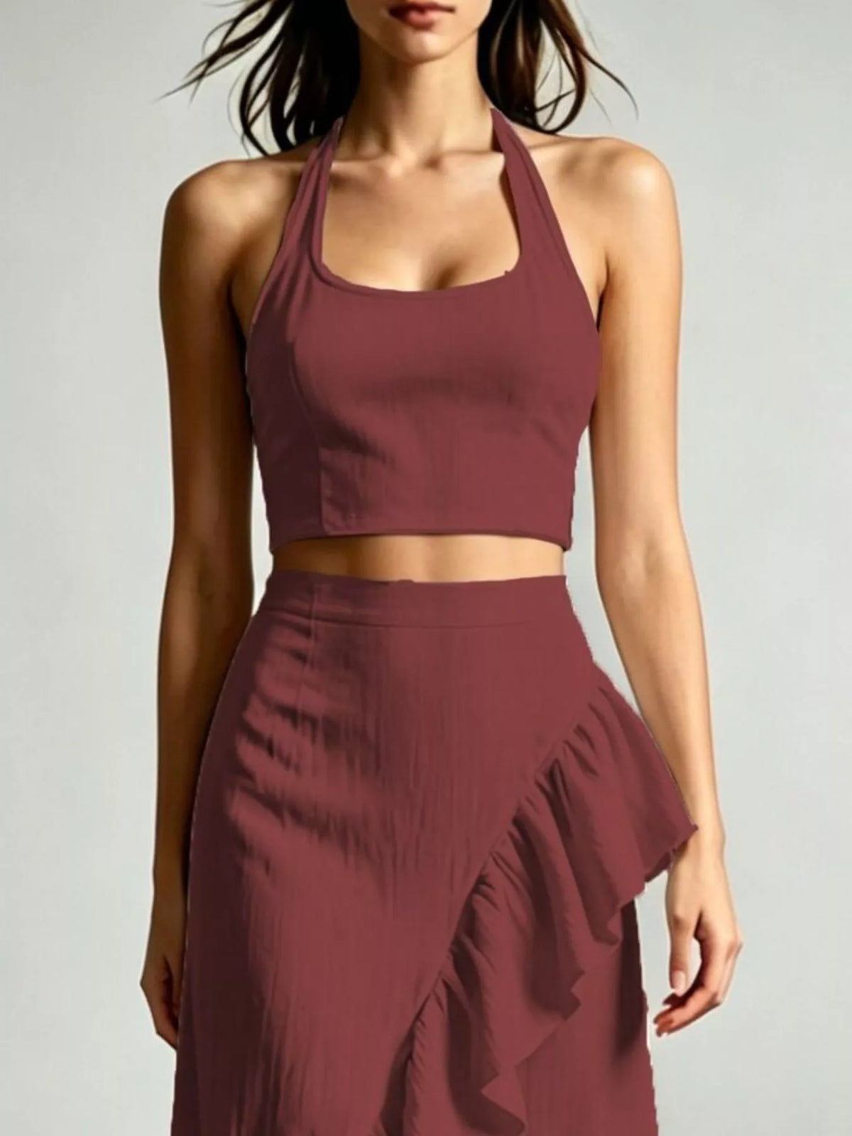 Burgundy ruffled halter crop top and high-low maxi skirt set