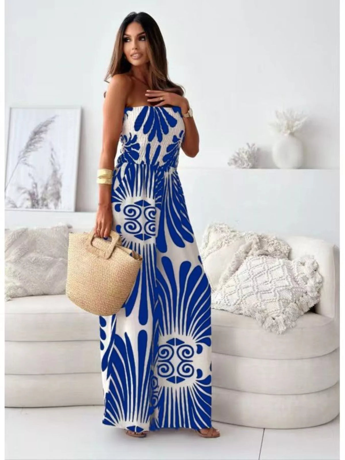 Strapless wide-leg jumpsuit with bold navy and white fan print