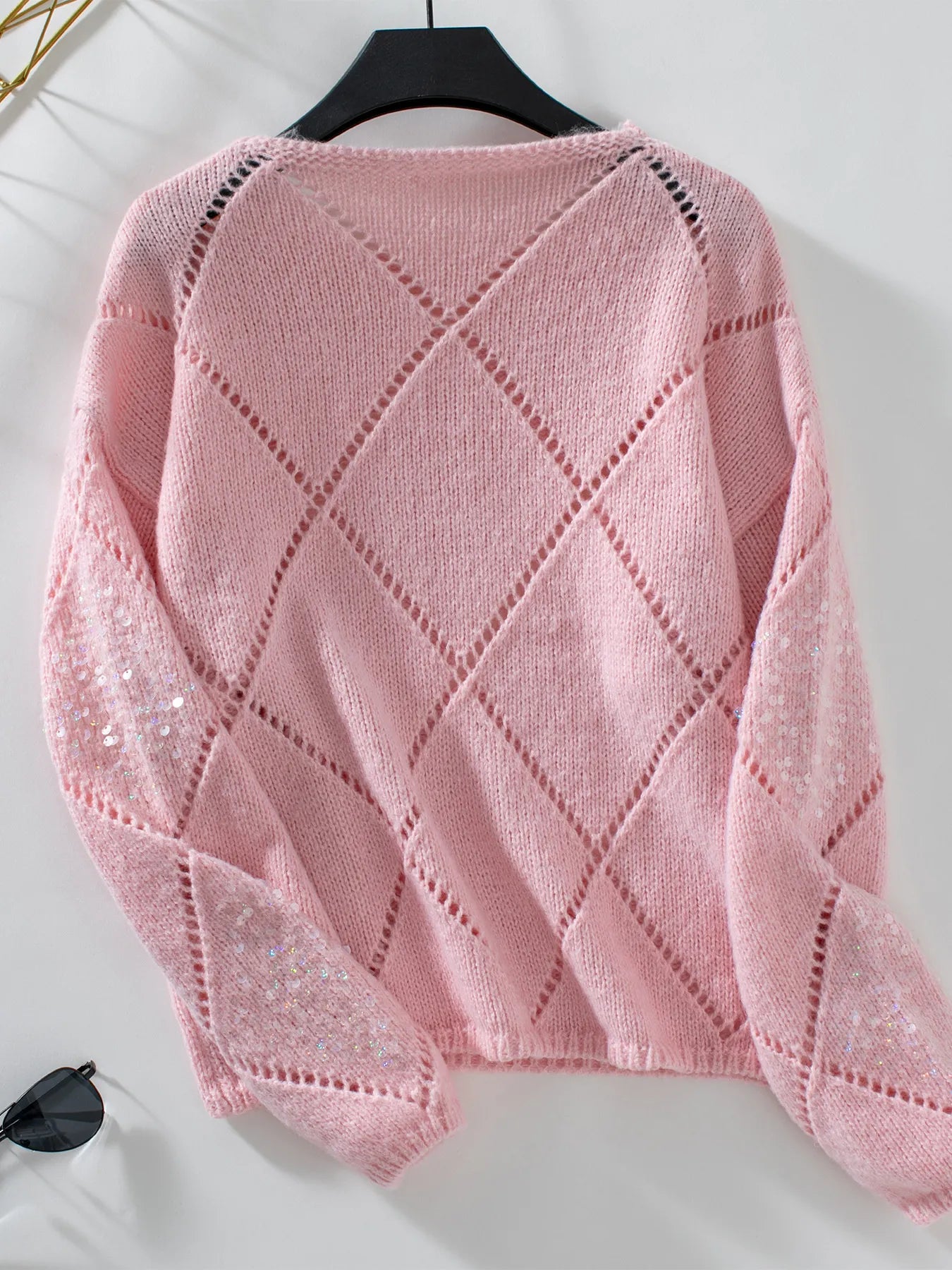 Pink sequin openwork long-sleeve sweater with diamond pattern back