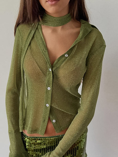 Moss button-up shirt with scarf-style neckband, long sleeves, and button front