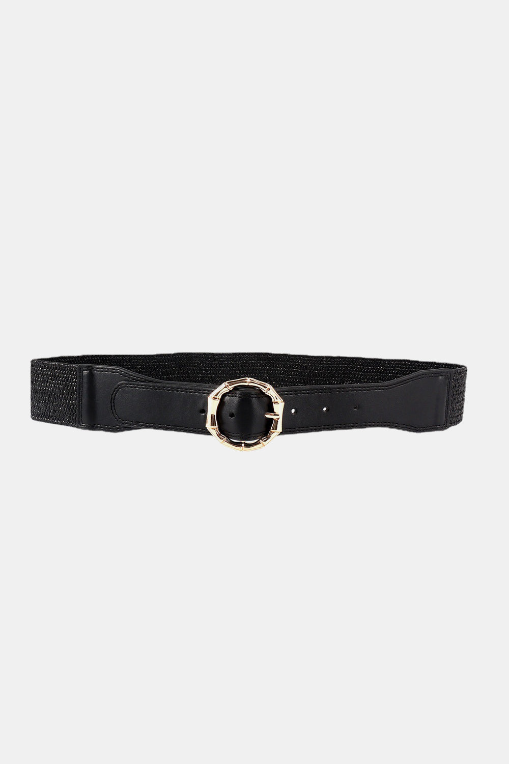 Black braided belt with round alloy buckle and punched holes