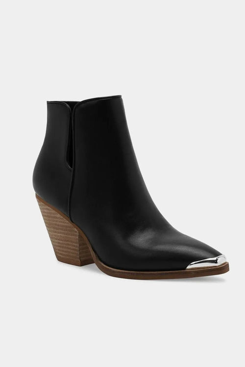 Black pointed-toe ankle boots with block heel and metal-trimmed toe cap