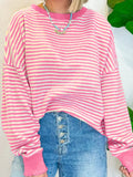 Pink and white striped long-sleeve sweatshirt, round neckline and loose fit
