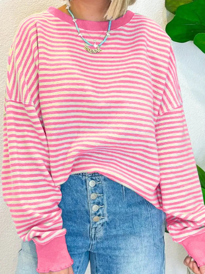 Pink and white striped long-sleeve sweatshirt, round neckline and loose fit