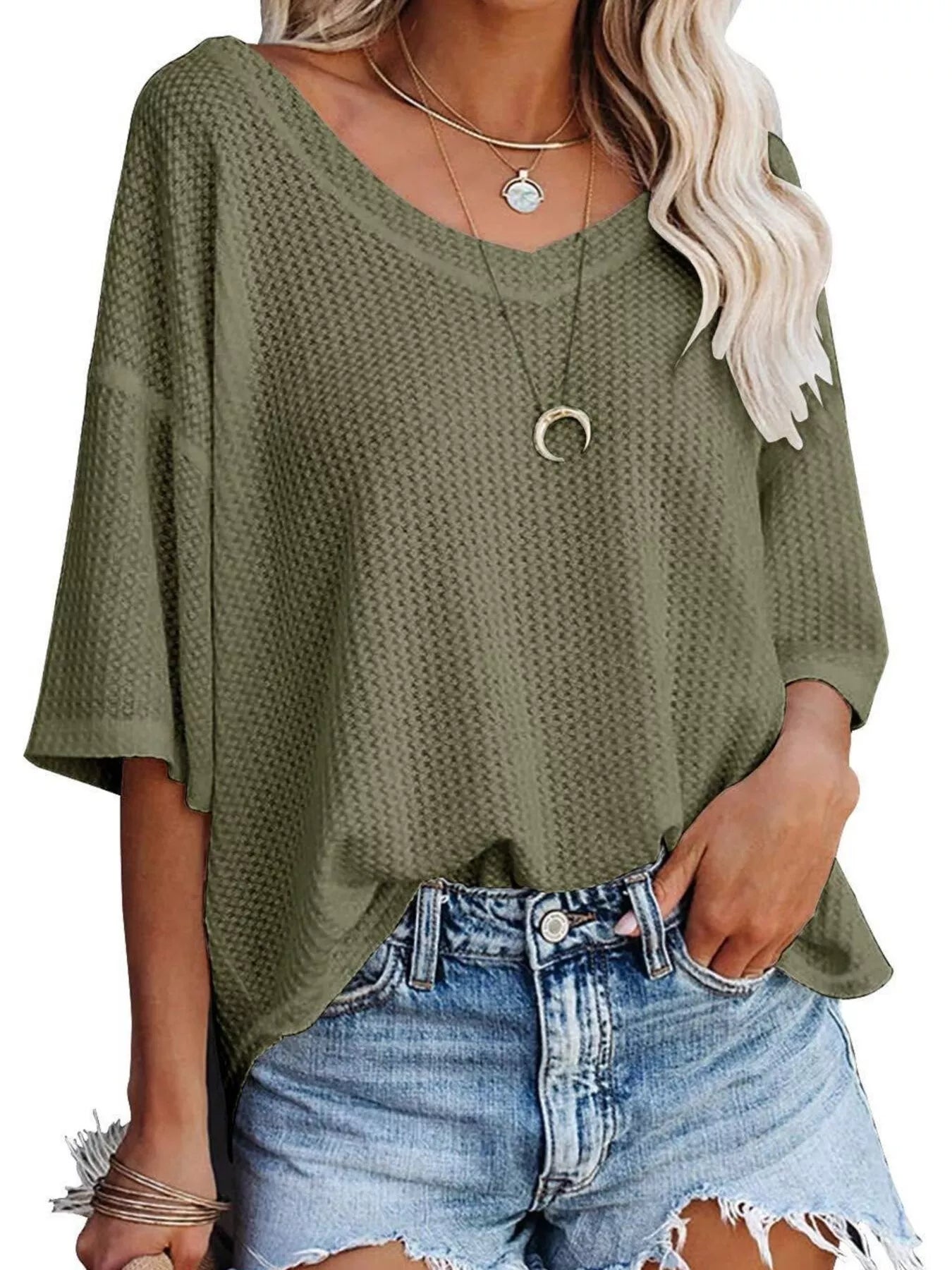 Waffle knit v-neck short sleeve t-shirt, olive green
