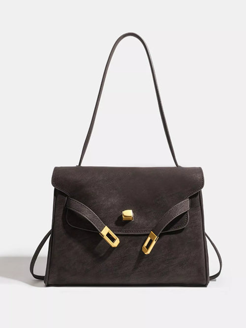Coffee brown shoulder bag with front flap and gold-tone buckle closures