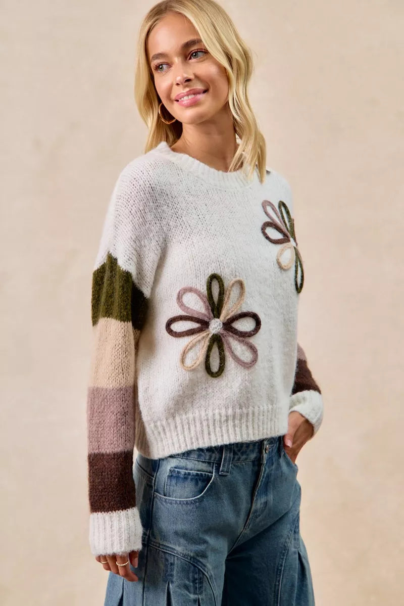 Ivory flower color block sweater with embroidered flowers on chest and sleeve, crew neck