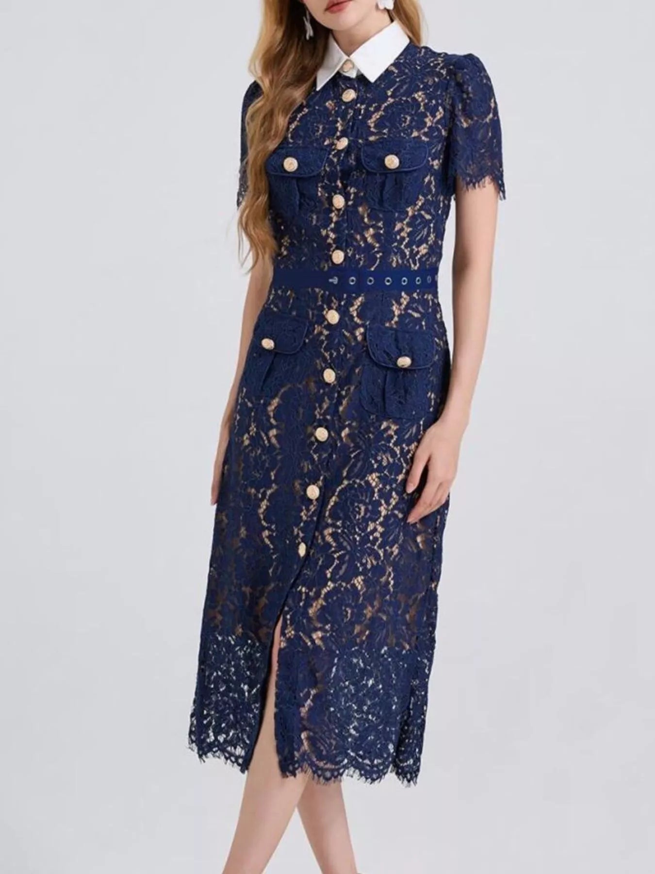 Cedar & Moore Lace Button-Down Midi Dress, navy lace with gold-tone buttons, collared