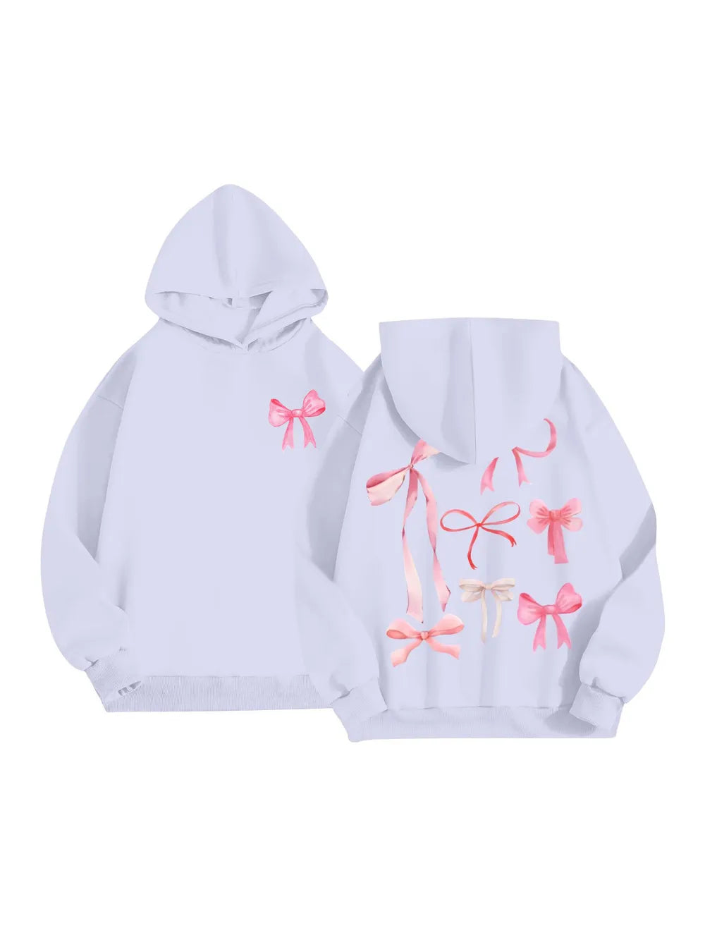 Light purple long-sleeve hoodies with pink bow prints, front and back views