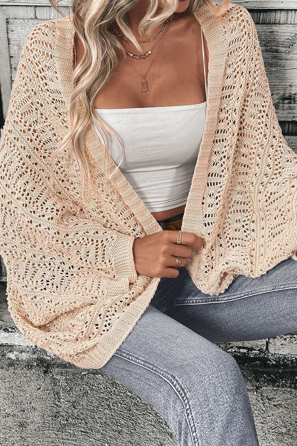 Tan openwork long-sleeve cardigan, open front, textured knit detail