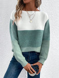 Color-block long sleeve sweater with white upper and teal-green lower band