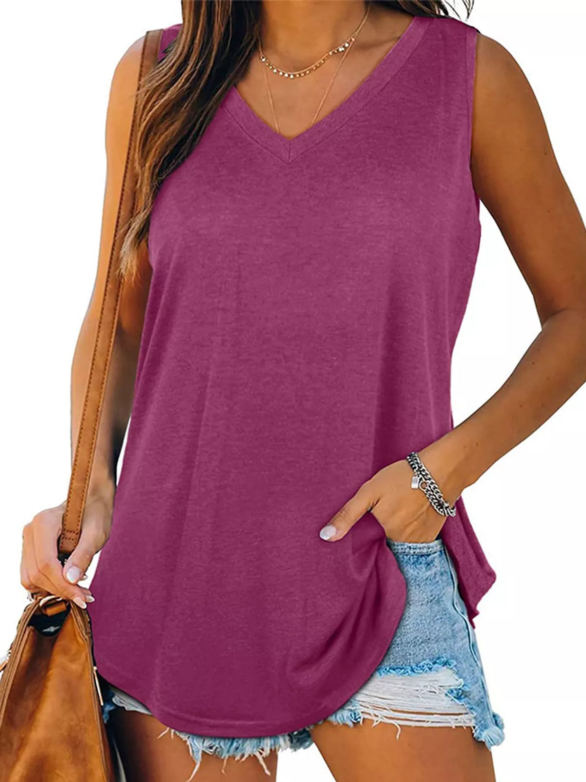 Magenta V-neck relaxed-fit cotton tank top, sleeveless, worn with denim shorts
