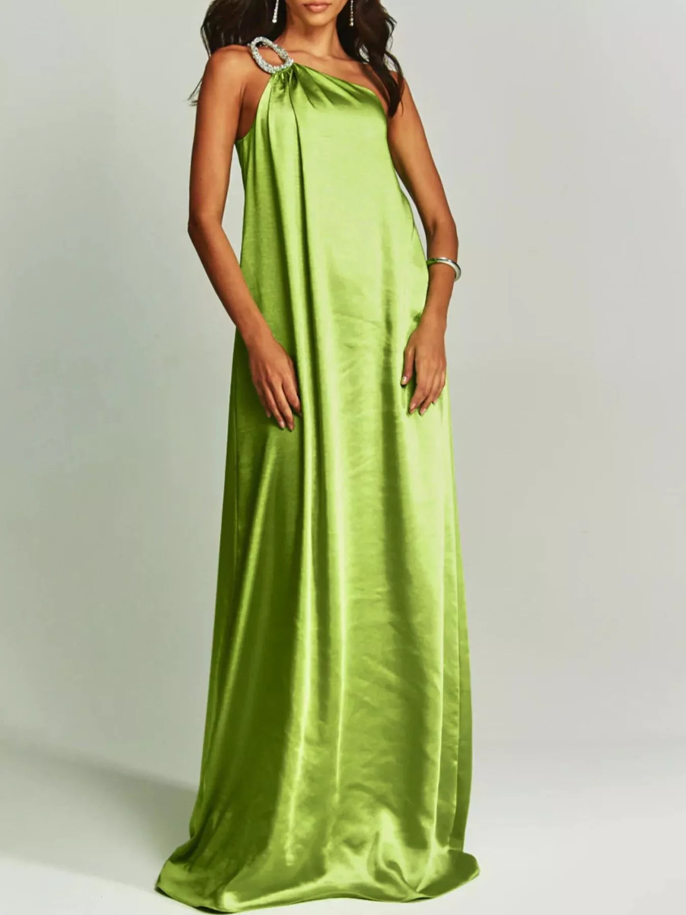 Cedar & Moore One-Shoulder Rhinestone Satin Maxi Dress in lime green by Trendsi