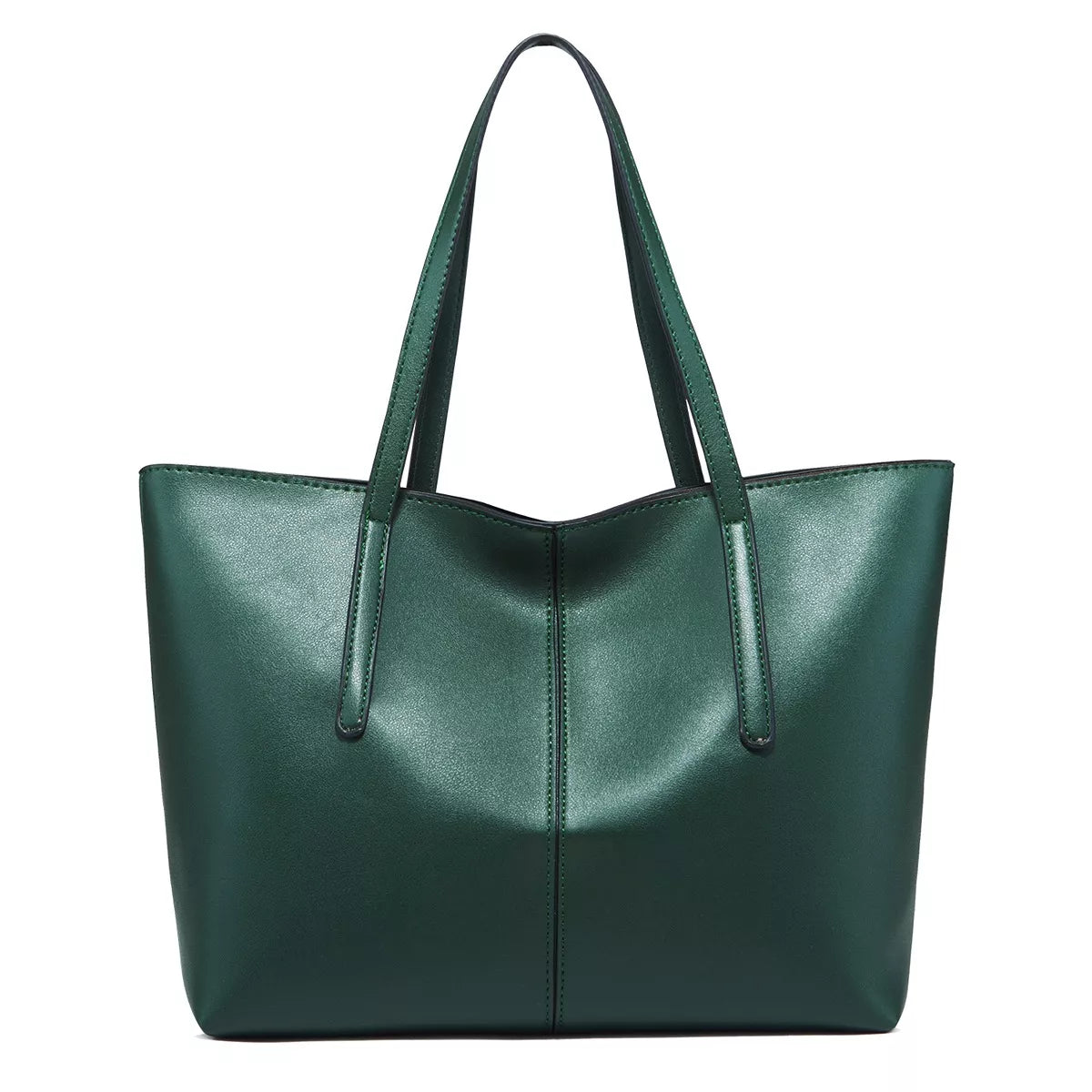 Green vegan leather tote bag, structured silhouette with two top handles