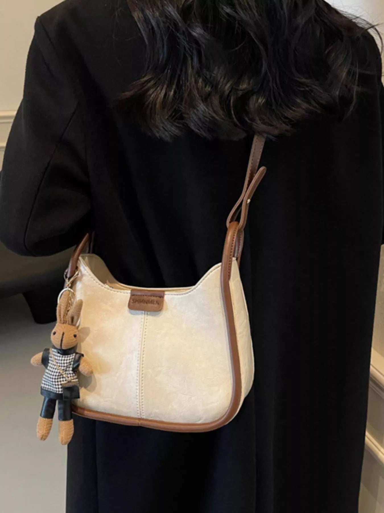 Adjustable Strap Shoulder Bag by Trendsi; small cream PU bag with tan trim.