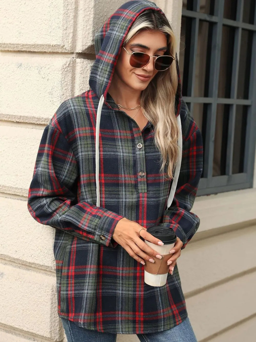 Green plaid hooded long-sleeve top with drawstring hood and button placket