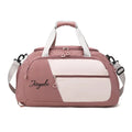 Large nylon travel duffel bag in mauve pink with contrast off-white front panel and adjustable straps