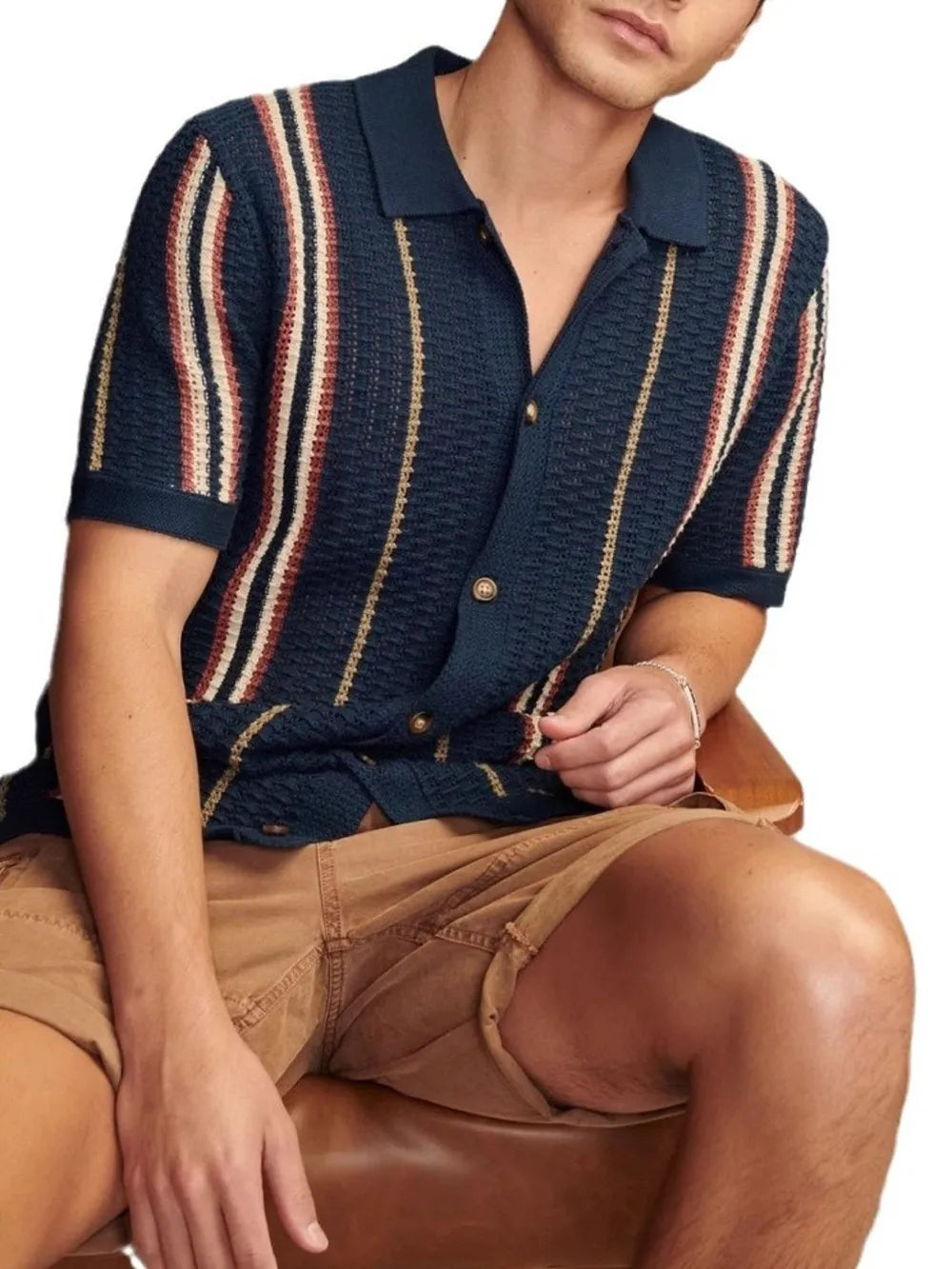 Dark navy striped collared short-sleeve shirt with button placket
