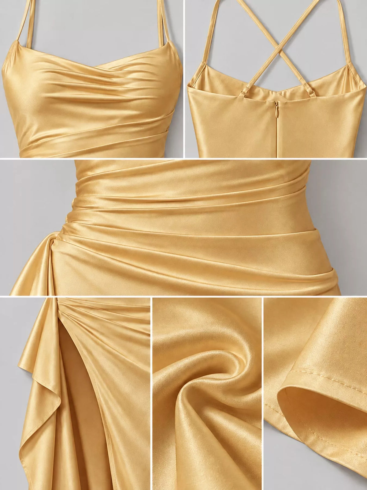 Ruched satin maxi dress with spaghetti straps and high side slit, champagne gold