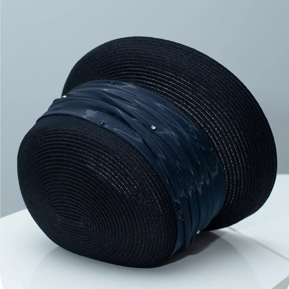 Cedar & Moore Ribbon Detail Hat, wheat color with navy ribbon, Trendsi