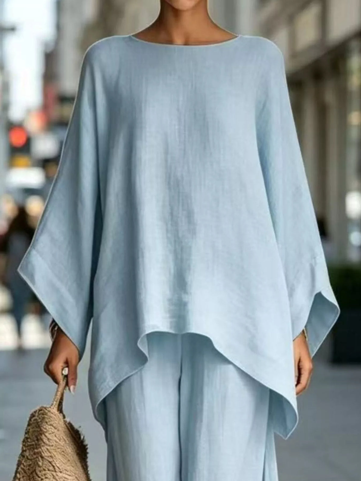 Light blue batwing tunic top with wide-leg pants set