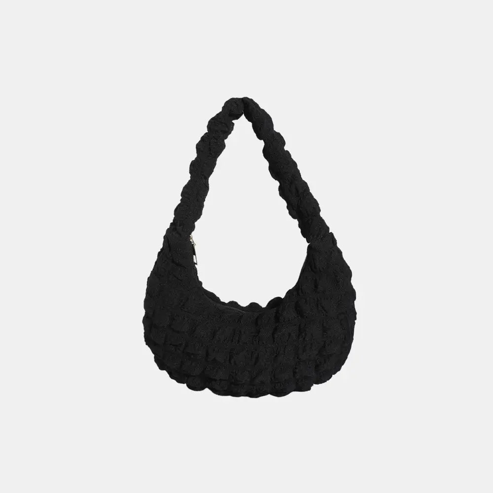 Black textured small hobo handbag with braided shoulder strap