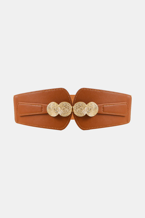 Caramel elastic belt with round alloy buckle—two coin clusters at center