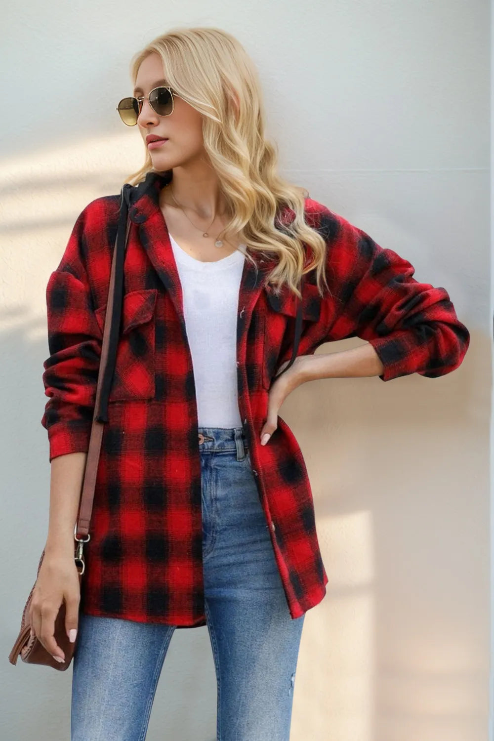 Red and black plaid hooded shacket with button front and drawstring hood