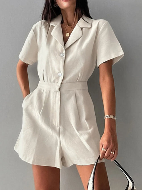 Beige button-front short-sleeve romper with lapel collar and front buttons
