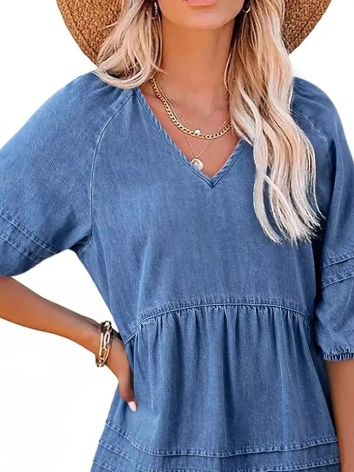 Cedar & Moore Casual V-Neck Puff Sleeve Denim Mini Dress in blue denim; Trendsi brand.