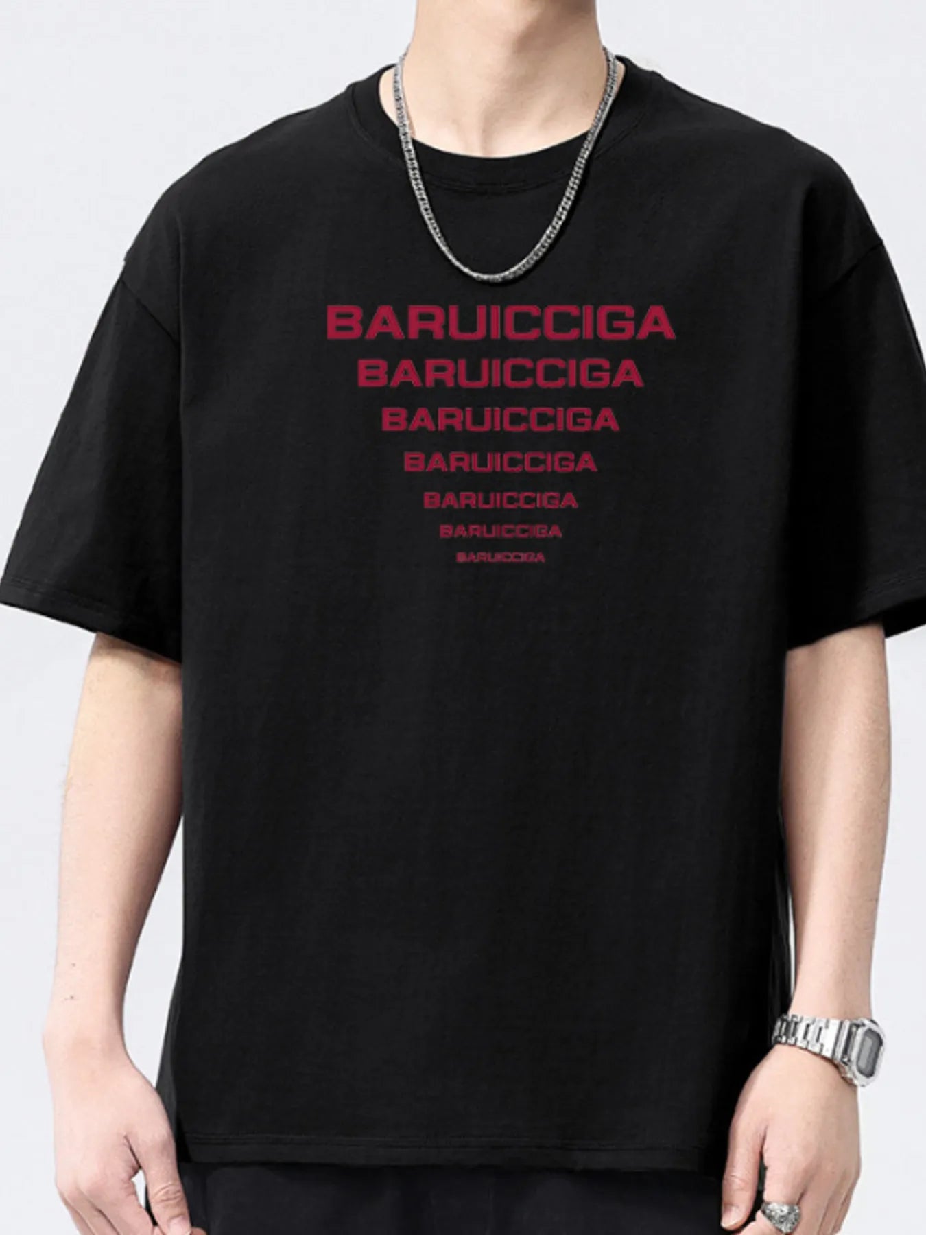 Black round-neck short-sleeve T-shirt with red logo text print.