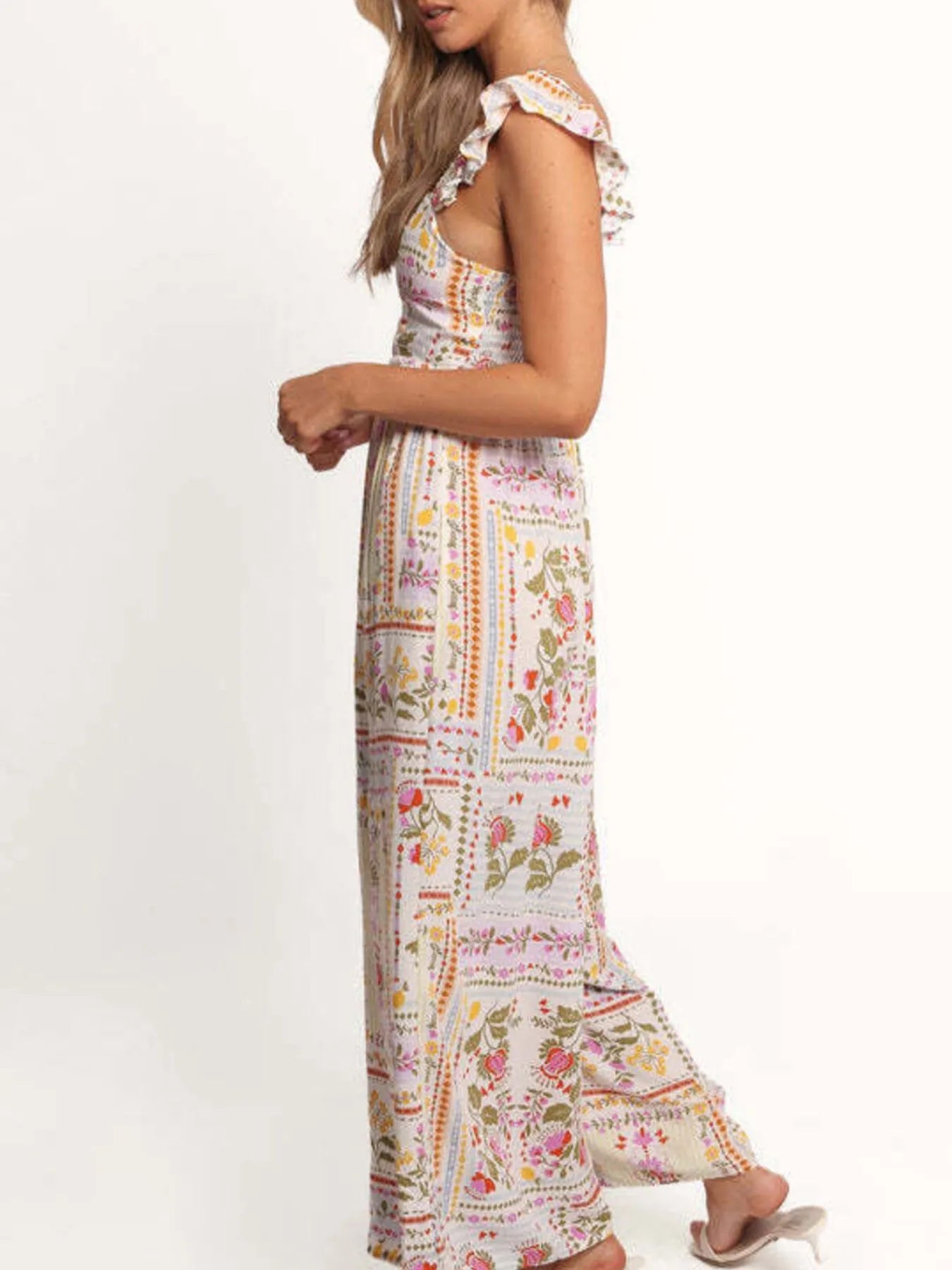 Floral print ruffle strap jumpsuit with wide-leg silhouette and gathered waist